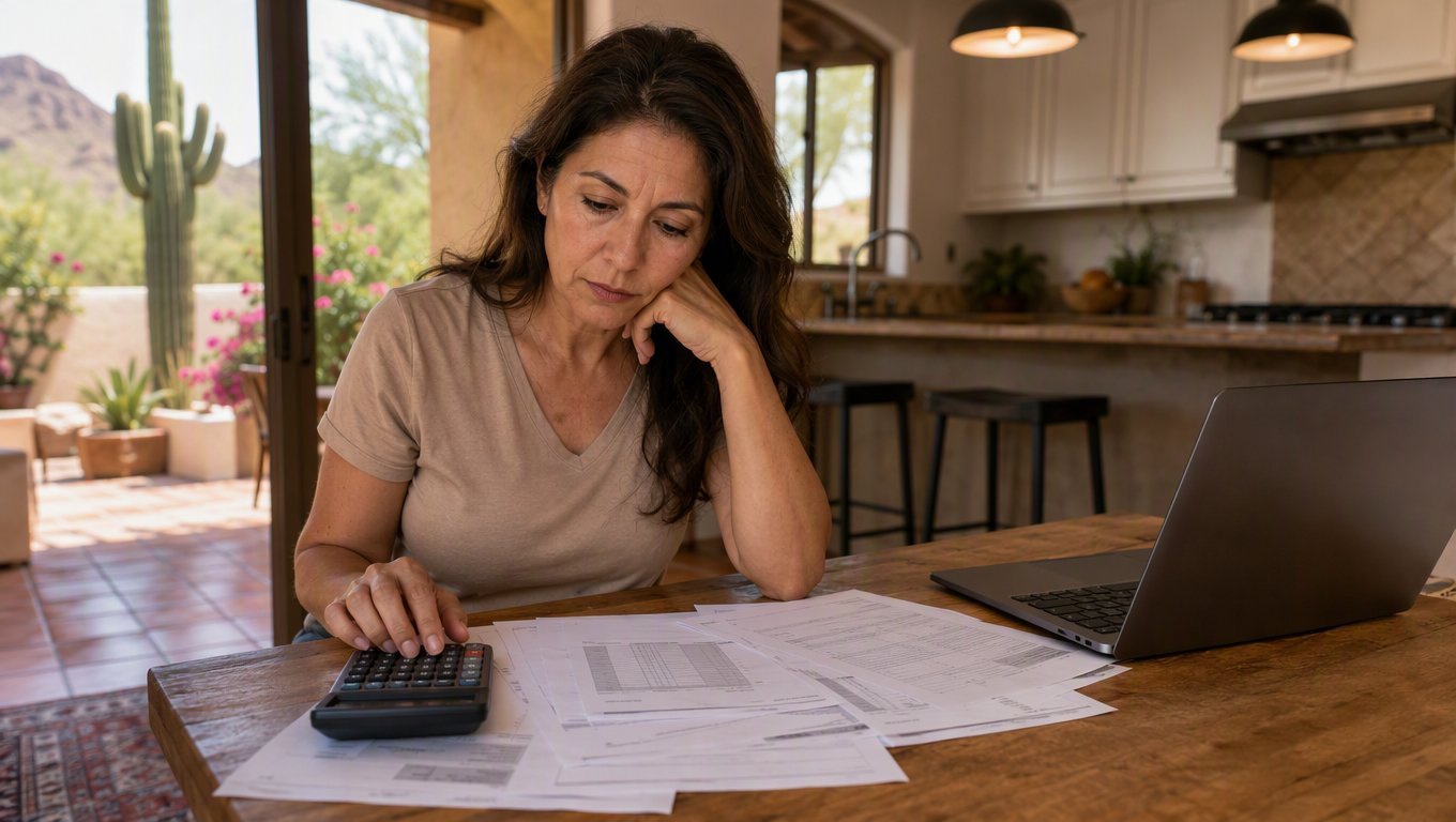 Phoenix homeowner comparing sale costs with a calculator at a kitchen table