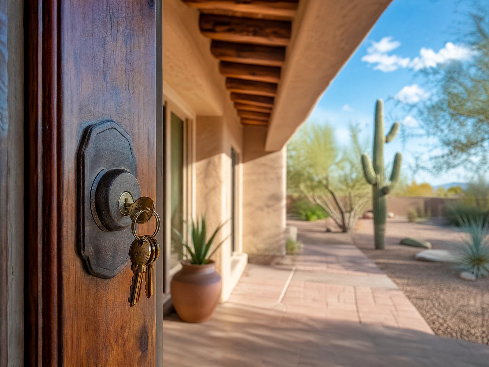 Front door with keys in the lock on a Phoenix home