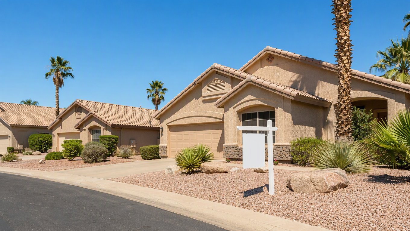 Stucco houses with desert landscaping in a Phoenix neighborhood under a clear summer sky
