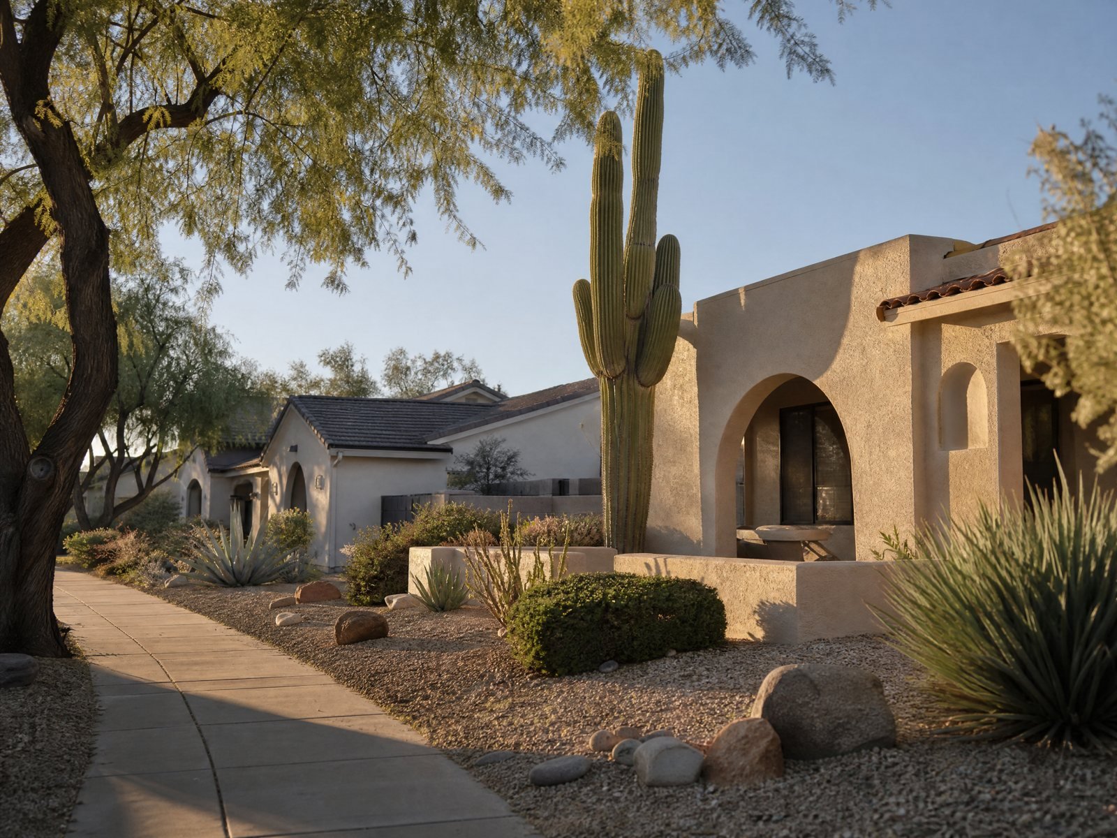 Tree lined Phoenix residential street with neighborhood homes at golden hour